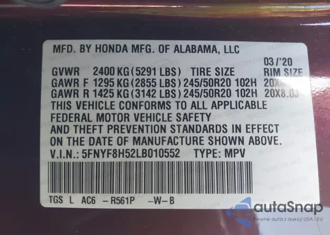 2020 Honda Passport Exl from USA, damaged, VIN 5FNYF8H52LB010552